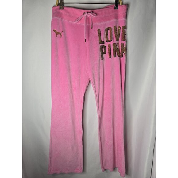 Love Pink Victoria’s Secret Velour VTG Y2K Gold Sequin Pink Pant Sequin SZ LARGE - Picture 1 of 16